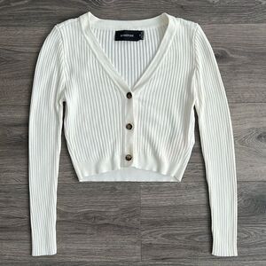 MINKPINK Jocelyn Cropped Cardigan XS Cream Preppy Minimalist Coquette Ribbed